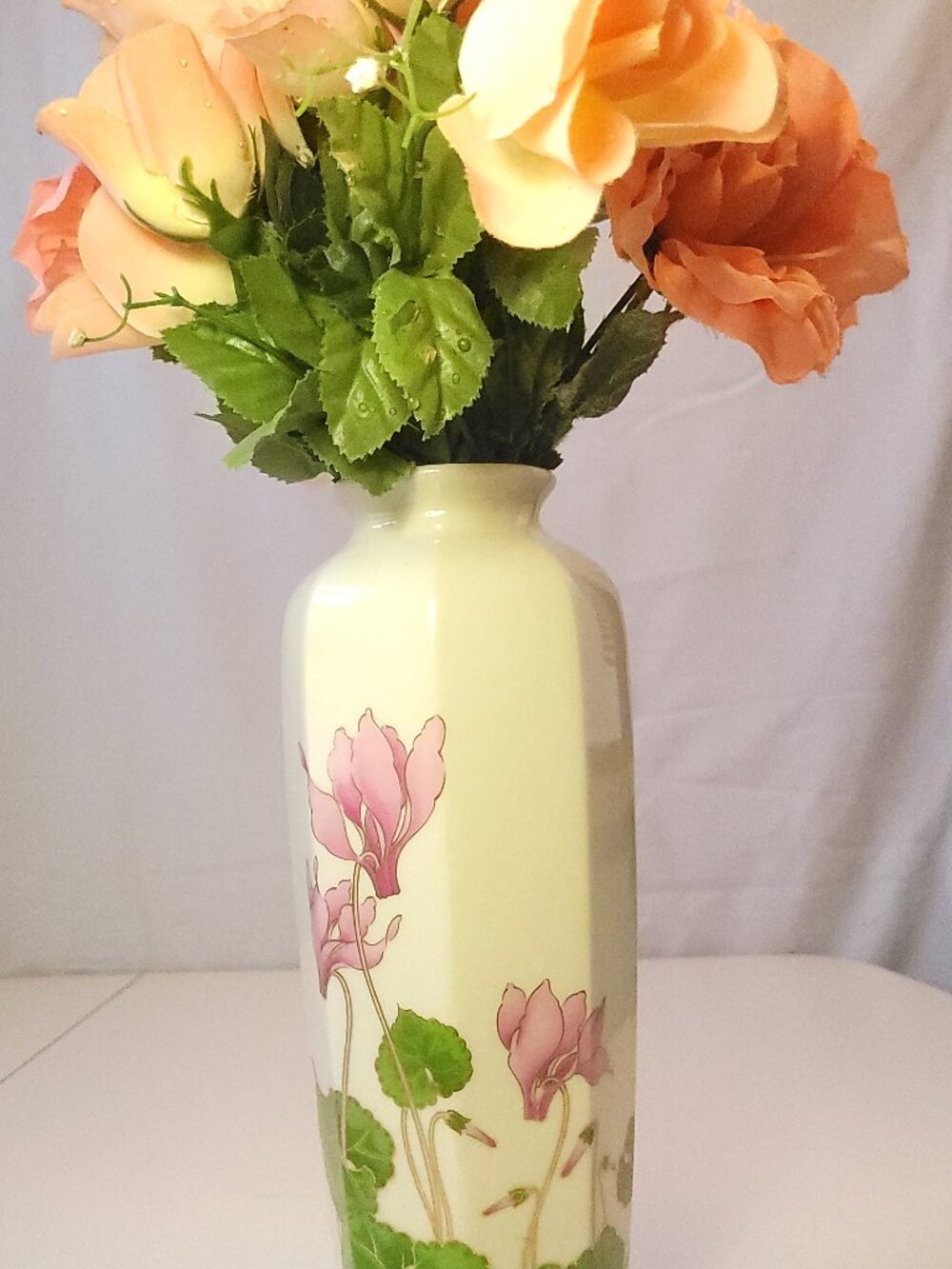 1970s Otagiri Japan Hexagonal Cyclamen Porcelain Vase Floral Decor